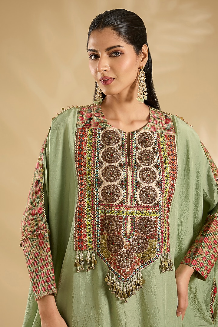 Pista Green Silk Abstract Printed & Embroidered Kaftan Set by Debyani at Pernia's Pop Up Shop