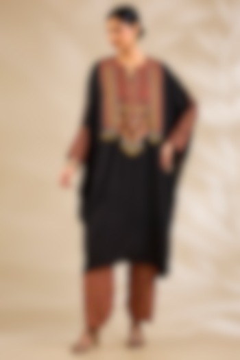 Black Silk Hand & Machine Embroidered Kaftan Set by Debyani at Pernia's Pop Up Shop