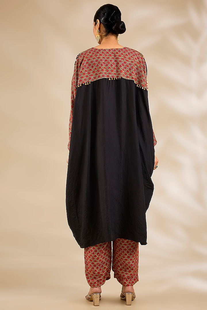 Black Silk Hand & Machine Embroidered Kaftan Set by Debyani at Pernia's Pop Up Shop