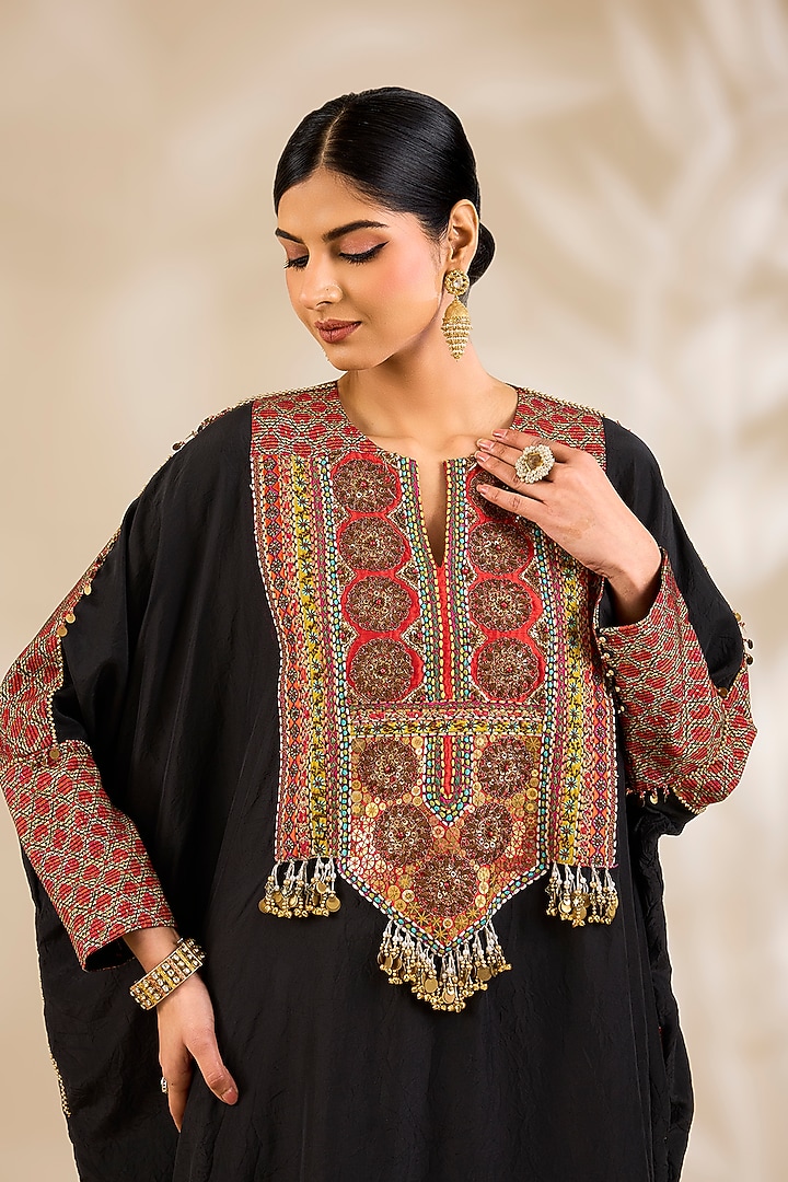 Black Silk Hand & Machine Embroidered Kaftan Set by Debyani at Pernia's Pop Up Shop