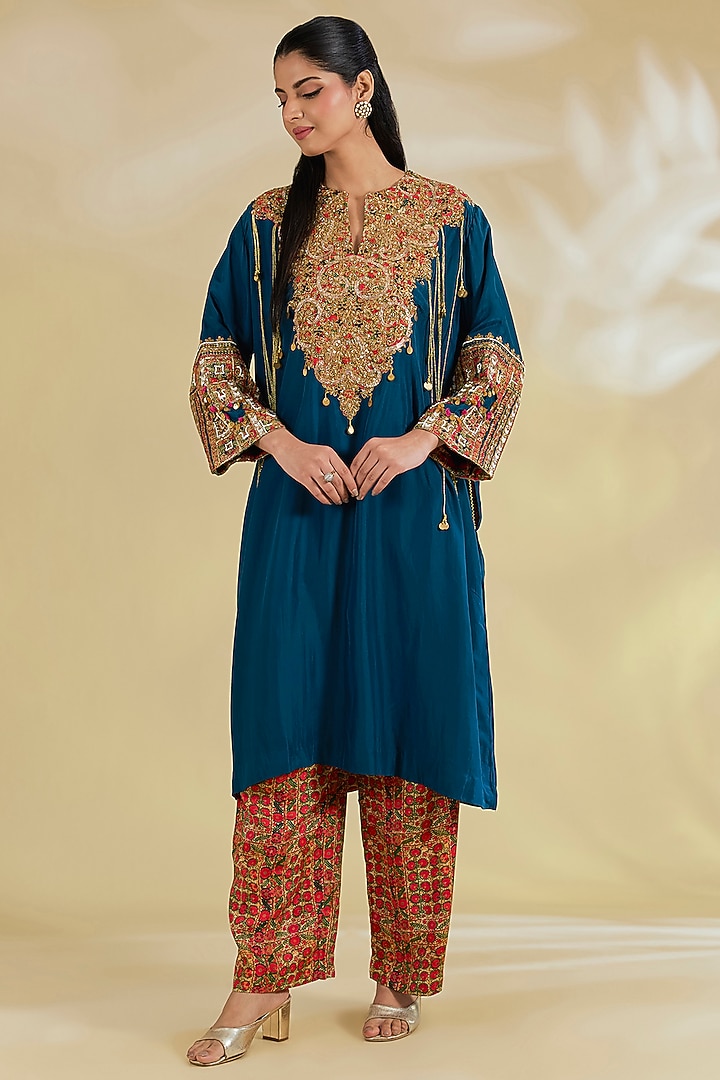 Blue Silk Hand & Machine Embroidered Kurta Set by Debyani at Pernia's Pop Up Shop
