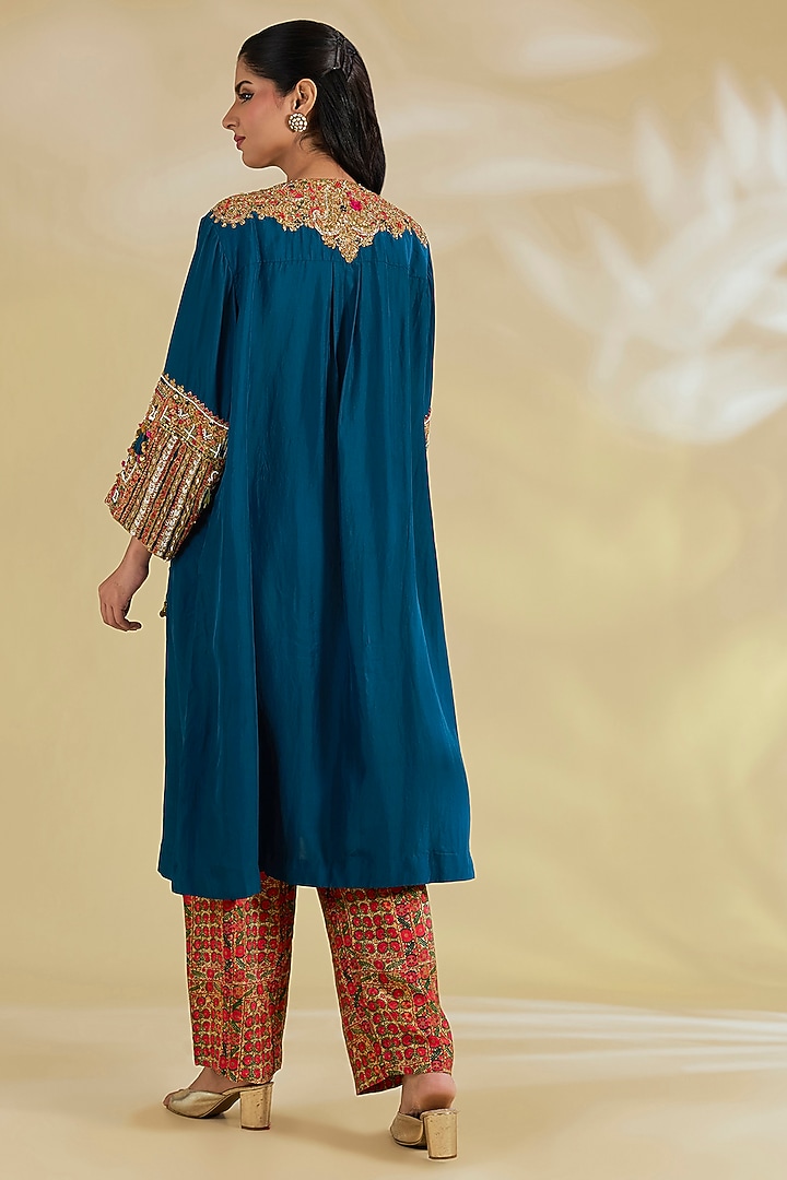 Blue Silk Hand & Machine Embroidered Kurta Set by Debyani at Pernia's Pop Up Shop