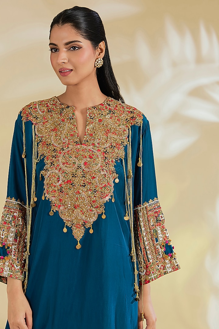 Blue Silk Hand & Machine Embroidered Kurta Set by Debyani at Pernia's Pop Up Shop