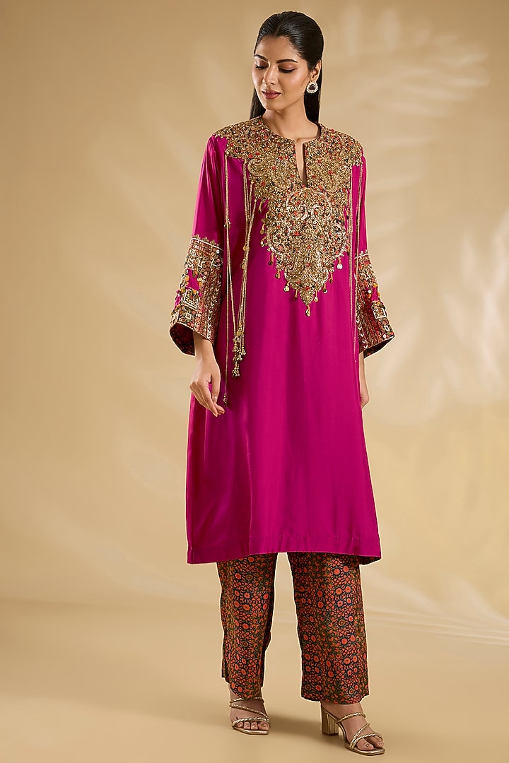 Magenta Silk Hand & Machine Embroidered Kaftan Set by Debyani at Pernia's Pop Up Shop