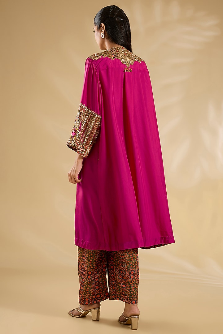 Magenta Silk Hand & Machine Embroidered Kaftan Set by Debyani at Pernia's Pop Up Shop