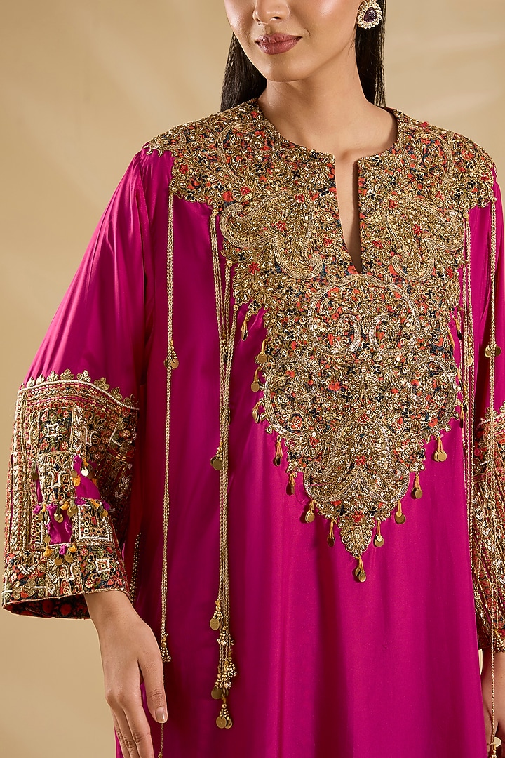 Magenta Silk Hand & Machine Embroidered Kaftan Set by Debyani at Pernia's Pop Up Shop