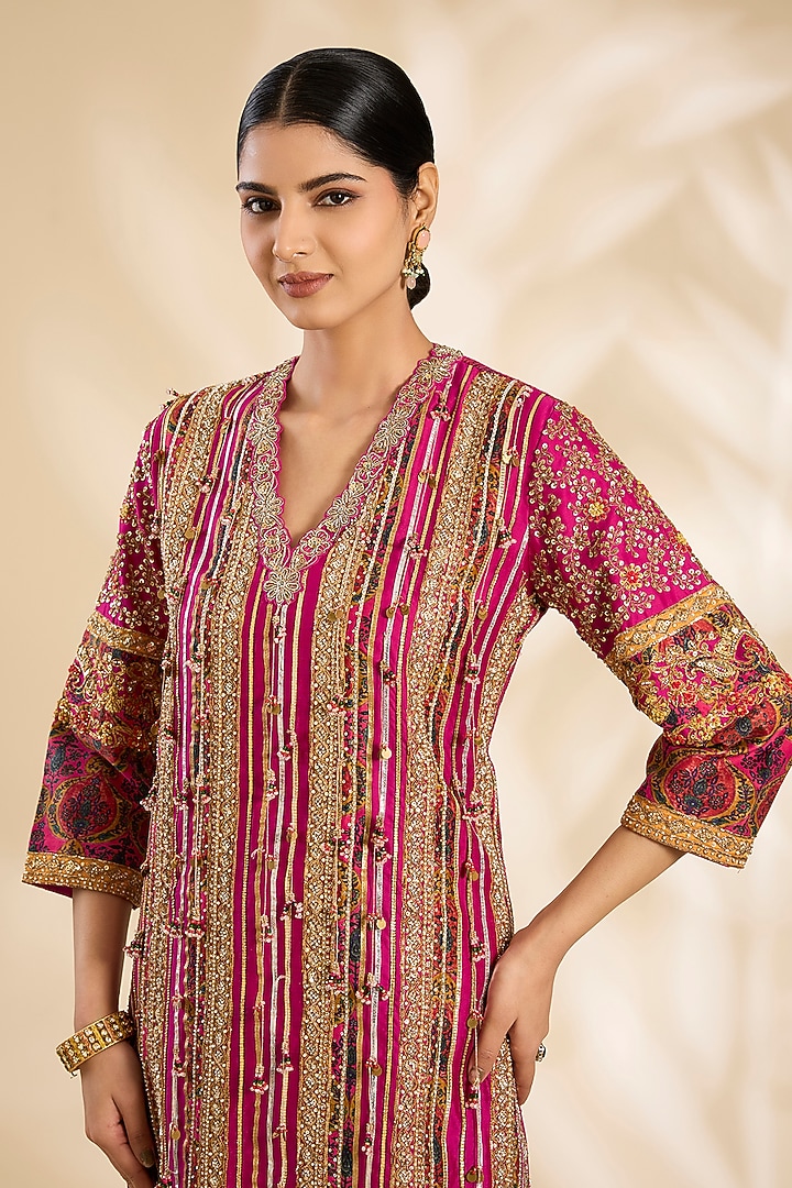 Magenta Silk Hand & Machine Embroidered Kurta Set by Debyani at Pernia's Pop Up Shop