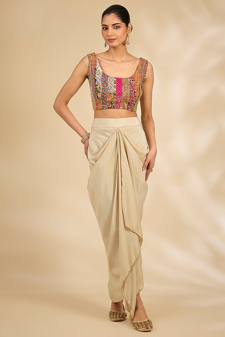 Ivory Silk Draped Skirt Set by Debyani at Pernia's Pop Up Shop