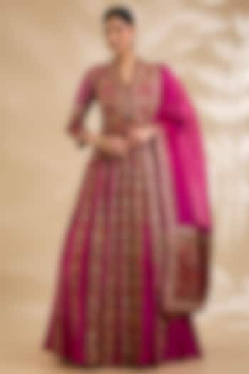 Magenta Silk Hand & Machine Embroidered Bridal Anarkali Set by Debyani at Pernia's Pop Up Shop