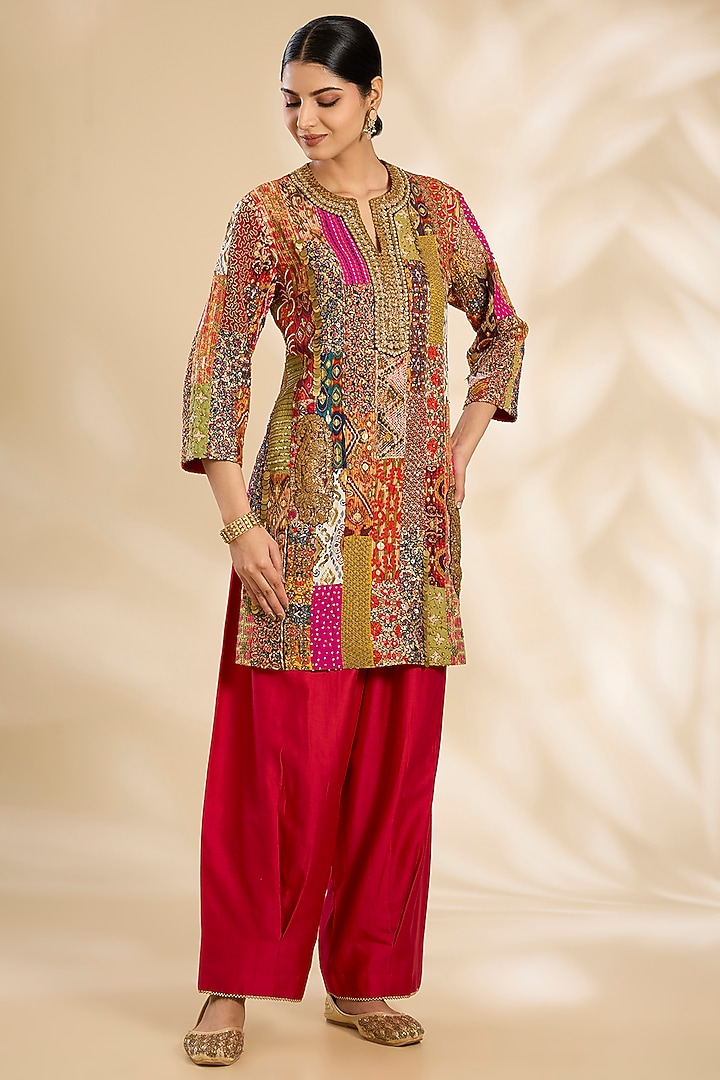 Multi-Colored Silk Hand & Machine Embroidered Kurta Set by Debyani at Pernia's Pop Up Shop