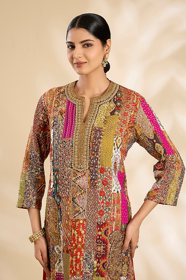 Multi-Colored Silk Hand & Machine Embroidered Kurta Set by Debyani at Pernia's Pop Up Shop