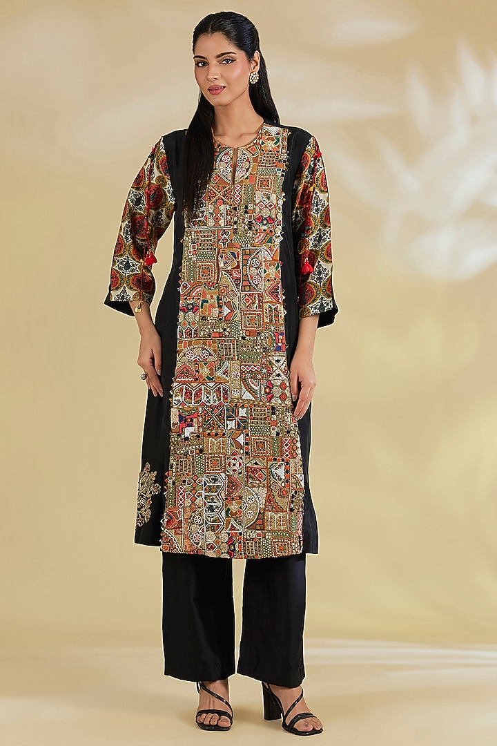 Black Silk Hand & Machine Embroidered Kurta Set by Debyani at Pernia's Pop Up Shop