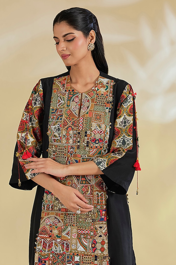 Black Silk Hand & Machine Embroidered Kurta Set by Debyani at Pernia's Pop Up Shop