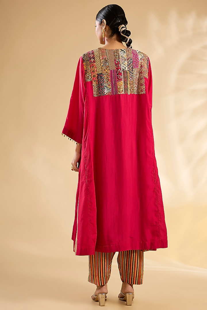 Red Silk Hand Embroidered Kurta Set by Debyani at Pernia's Pop Up Shop