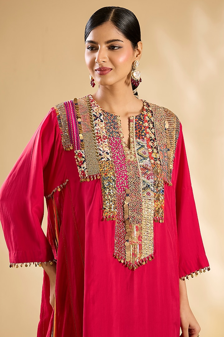 Red Silk Hand Embroidered Kurta Set by Debyani at Pernia's Pop Up Shop