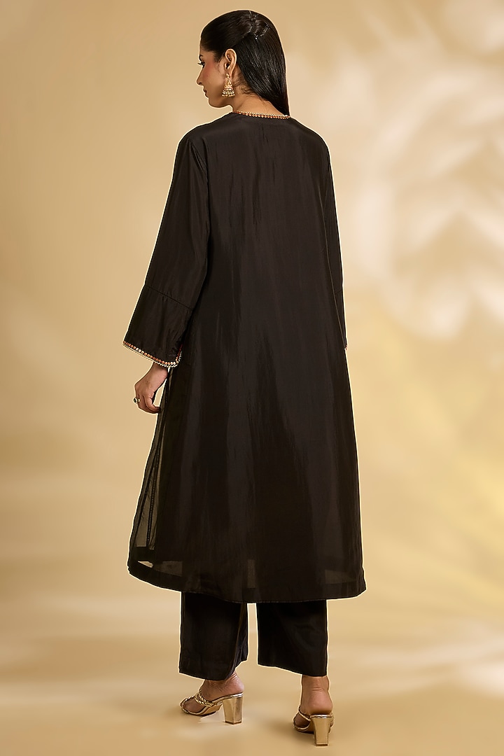 Black Silk Hand & Machine Embroidered Kurta Set by Debyani at Pernia's Pop Up Shop