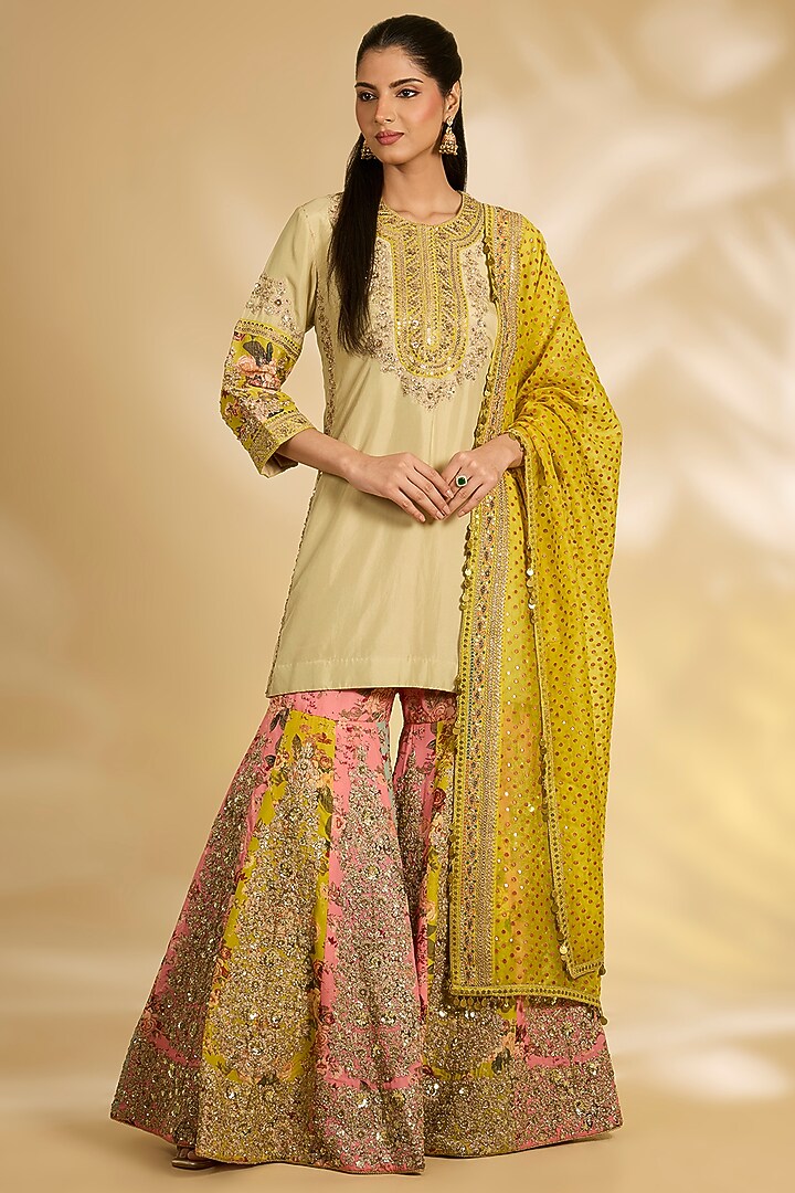 Multi-Colored Silk Hand & Machine Embroidered Bridal Sharara Set by Debyani at Pernia's Pop Up Shop