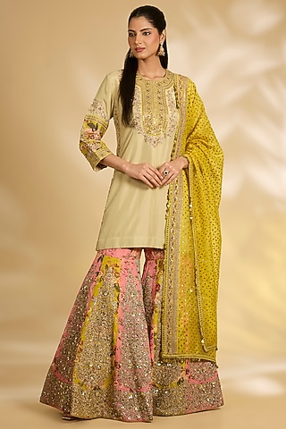 Multi-Colored Silk Hand & Machine Embroidered Sharara Set by Debyani