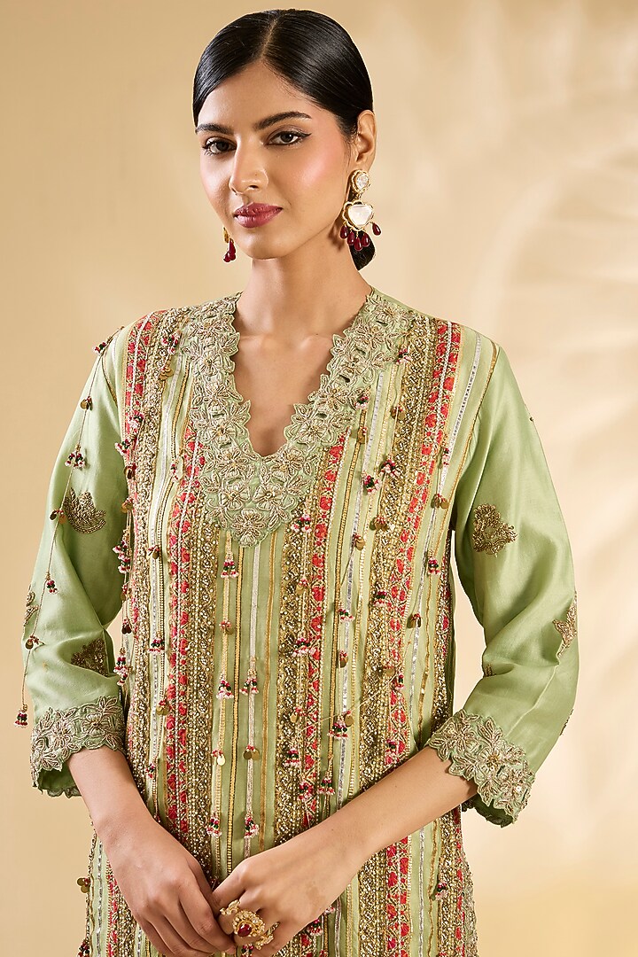 Pista Green Floral Printed & Hand Embroidered Kurta Set by Debyani at Pernia's Pop Up Shop