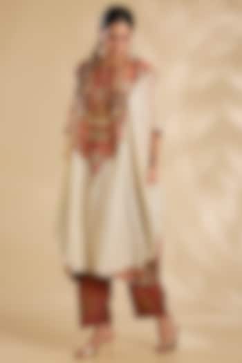 Ivory Silk Hand & Machine Embroidered Kaftan Set by Debyani at Pernia's Pop Up Shop
