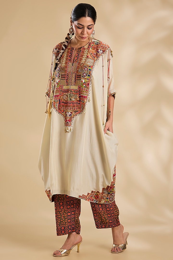Ivory Silk Hand & Machine Embroidered Kaftan Set by Debyani at Pernia's Pop Up Shop