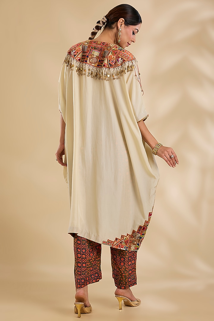 Ivory Silk Hand & Machine Embroidered Kaftan Set by Debyani at Pernia's Pop Up Shop