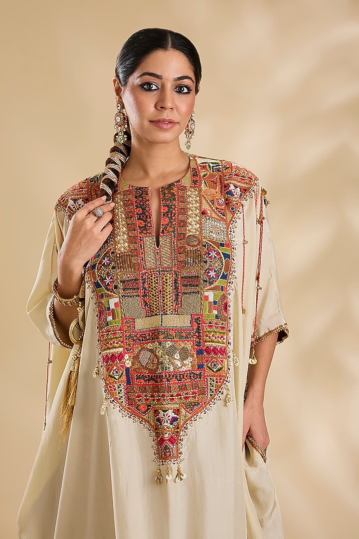 Ivory Silk Hand & Machine Embroidered Kaftan Set by Debyani at Pernia's Pop Up Shop