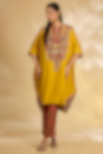 Yellow Silk Hand & Machine Embroidered Kaftan Set by Debyani at Pernia's Pop Up Shop