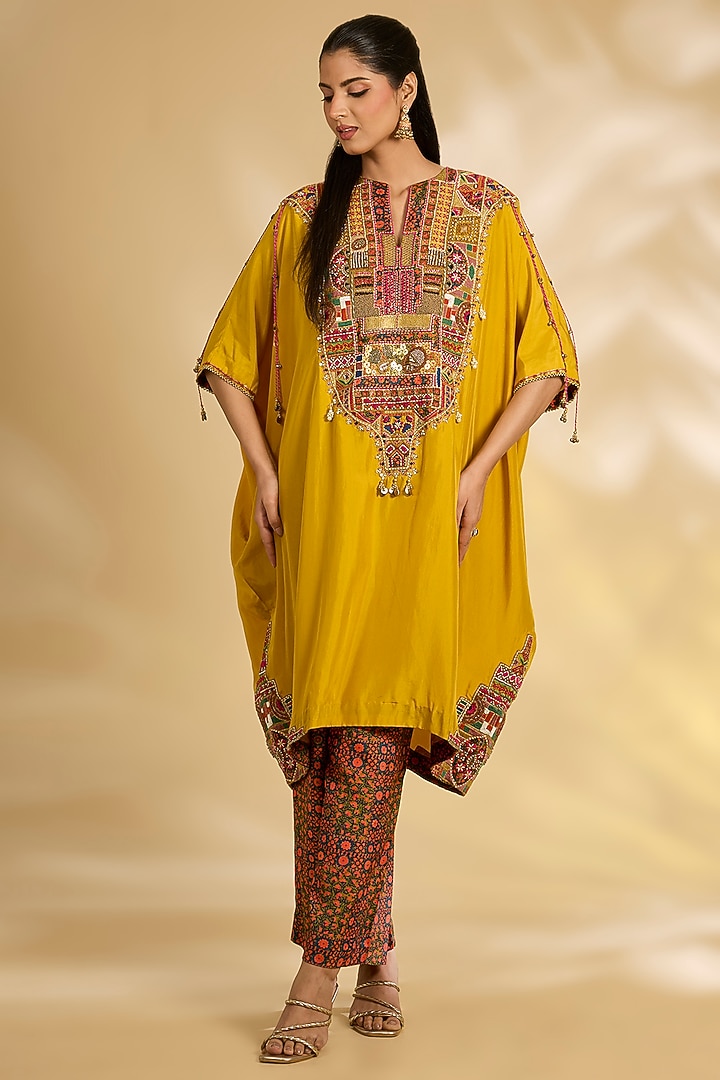 Yellow Silk Hand & Machine Embroidered Kaftan Set by Debyani at Pernia's Pop Up Shop