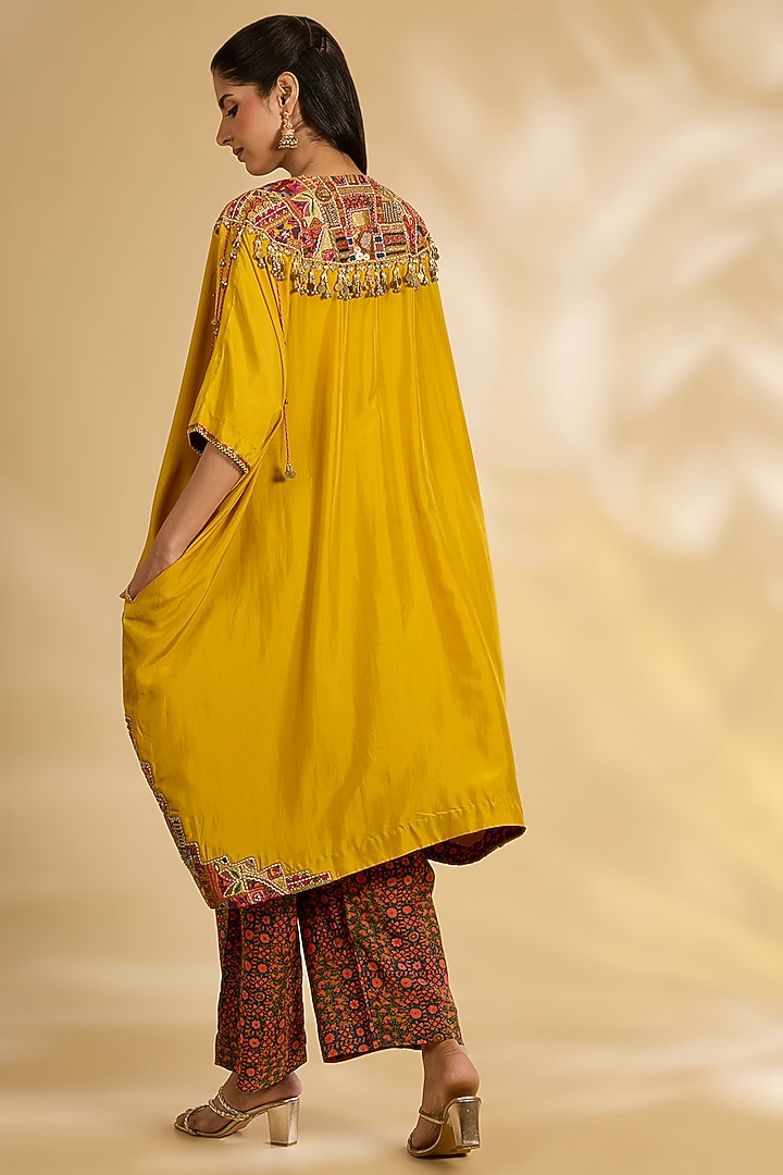 Yellow Silk Hand & Machine Embroidered Kaftan Set by Debyani at Pernia's Pop Up Shop