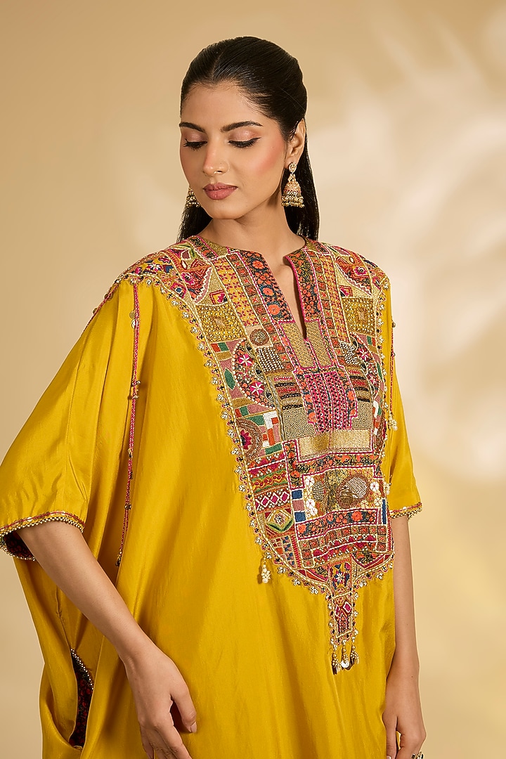 Yellow Silk Hand & Machine Embroidered Kaftan Set by Debyani at Pernia's Pop Up Shop