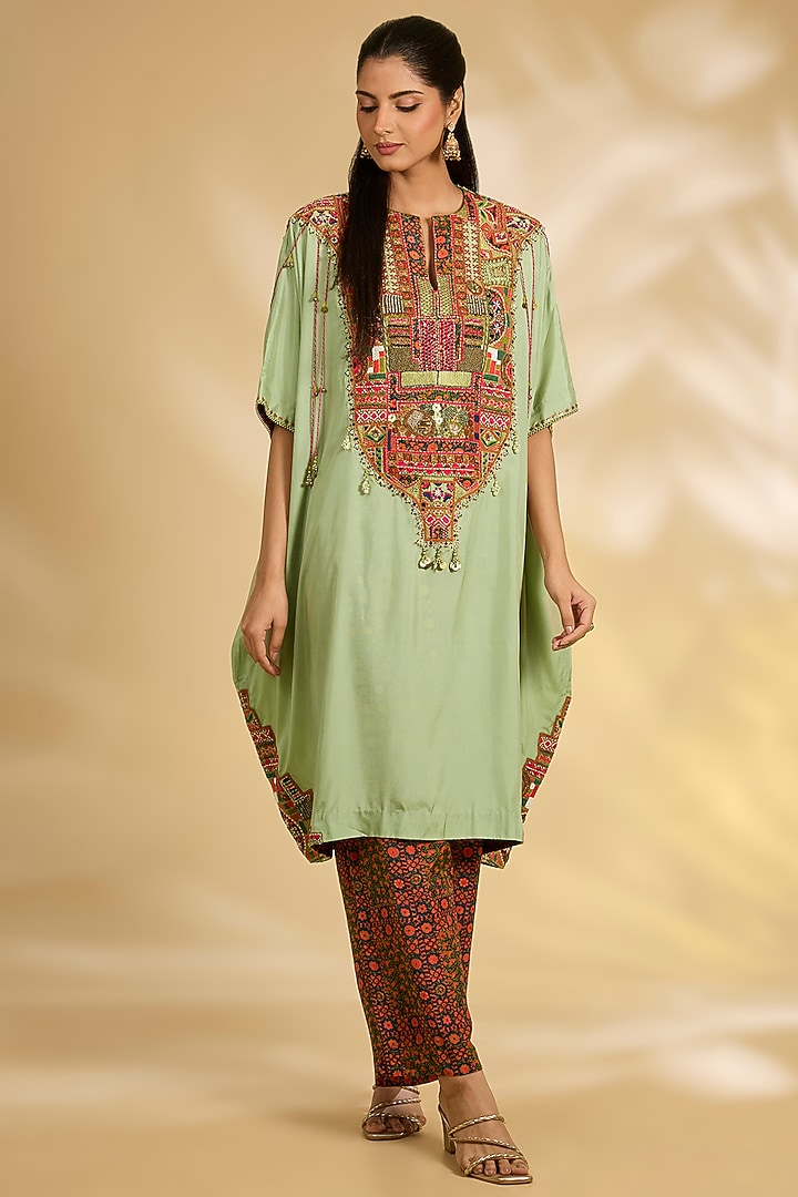 Green Silk Hand & Machine Embroidered Kaftan Set by Debyani at Pernia's Pop Up Shop