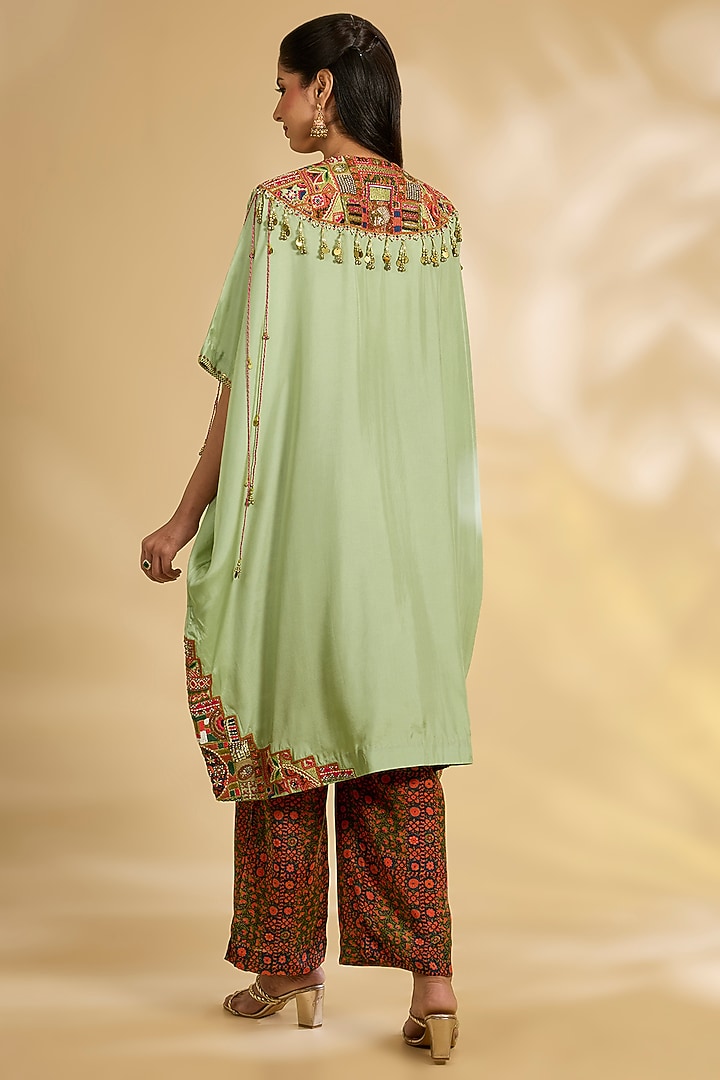 Green Silk Hand & Machine Embroidered Kaftan Set by Debyani at Pernia's Pop Up Shop