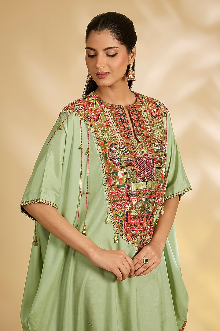 Green Silk Hand & Machine Embroidered Kaftan Set by Debyani at Pernia's Pop Up Shop
