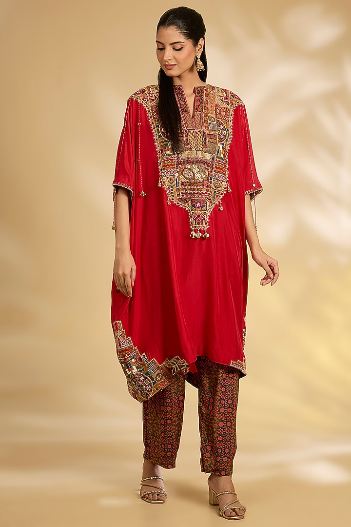 Red Silk Hand & Machine Embroidered Kaftan Set by Debyani at Pernia's Pop Up Shop