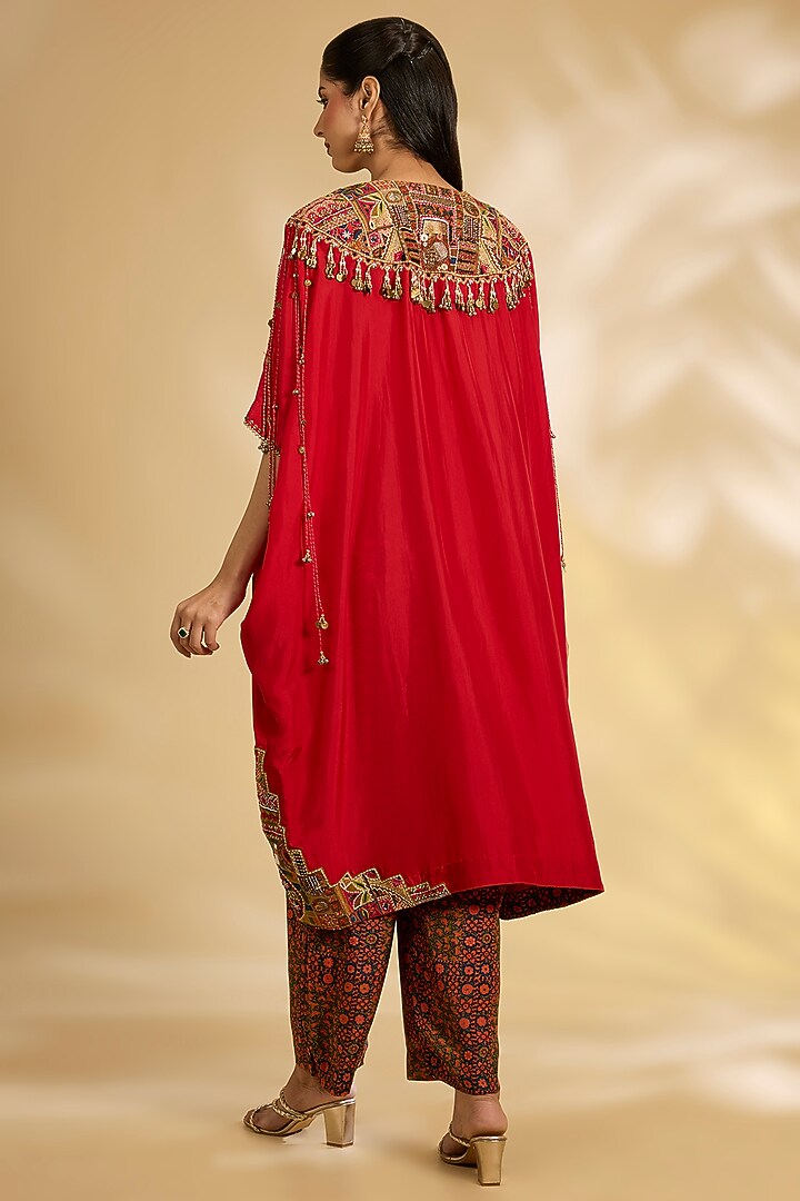 Red Silk Hand & Machine Embroidered Kaftan Set by Debyani at Pernia's Pop Up Shop