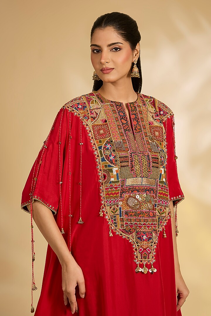 Red Silk Hand & Machine Embroidered Kaftan Set by Debyani at Pernia's Pop Up Shop