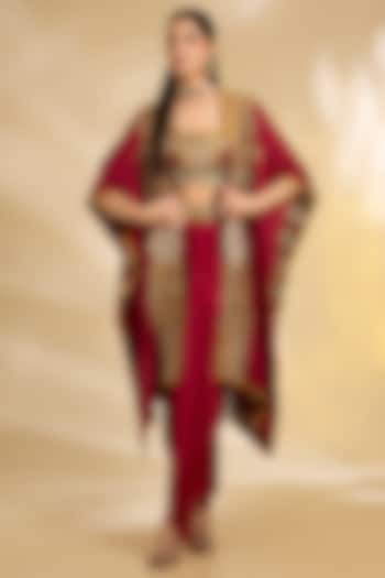 Maroon Silk Hand & Machine Embroidered Cape Set by Debyani at Pernia's Pop Up Shop