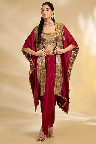 Maroon Silk Hand & Machine Embroidered Cape Set by Debyani