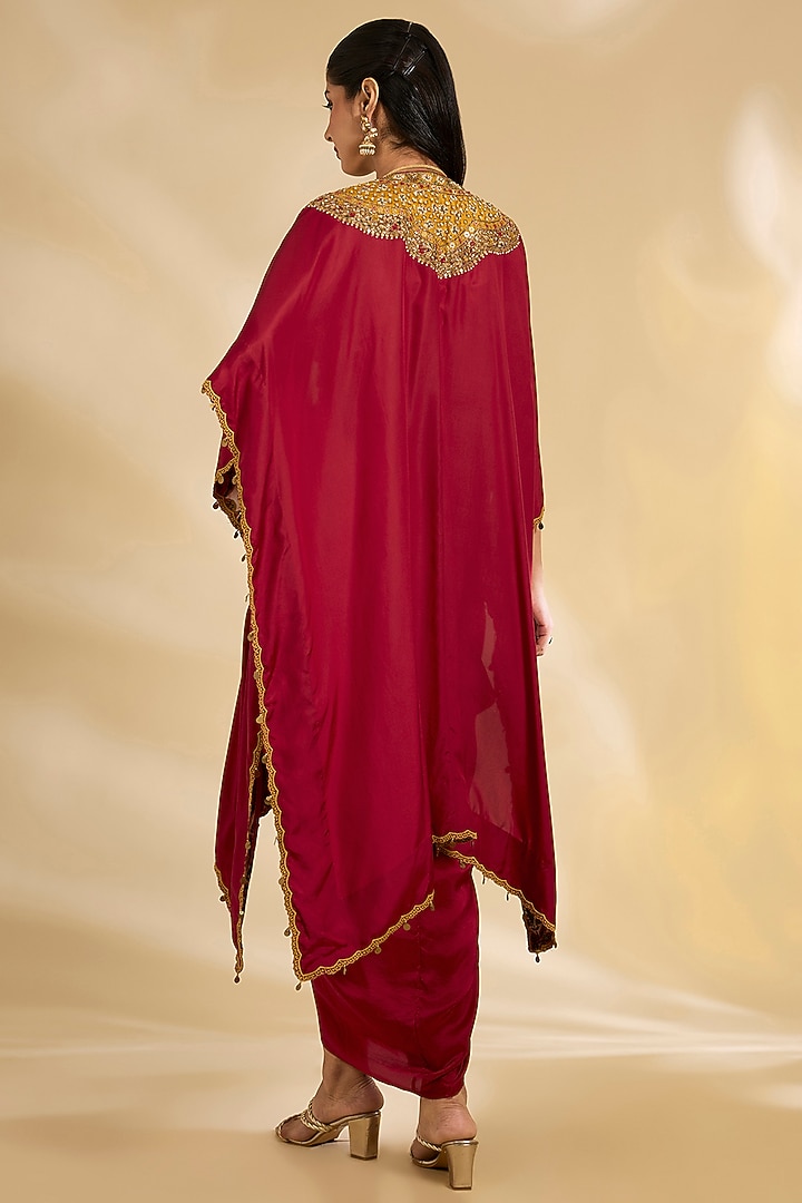 Maroon Silk Hand & Machine Embroidered Cape Set by Debyani at Pernia's Pop Up Shop