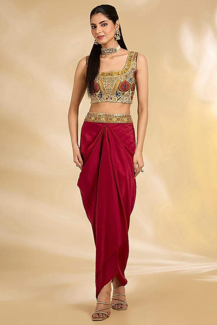 Maroon Silk Hand & Machine Embroidered Cape Set by Debyani at Pernia's Pop Up Shop