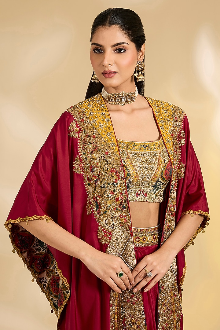 Maroon Silk Hand & Machine Embroidered Cape Set by Debyani at Pernia's Pop Up Shop