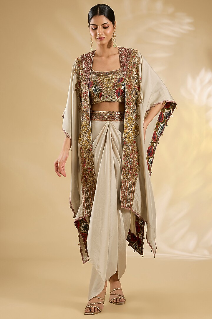 Ivory Silk Hand & Machine Embroidered Cape Set by Debyani at Pernia's Pop Up Shop