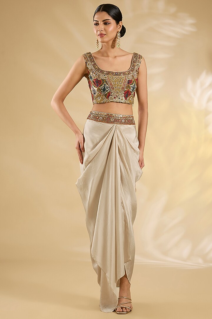 Ivory Silk Hand & Machine Embroidered Cape Set by Debyani at Pernia's Pop Up Shop