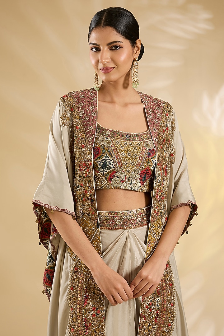 Ivory Silk Hand & Machine Embroidered Cape Set by Debyani at Pernia's Pop Up Shop