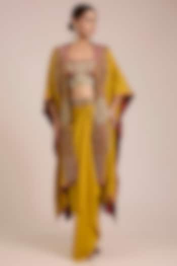 Mustard Silk Hand & Machine Embroidered Cape Set by Debyani at Pernia's Pop Up Shop