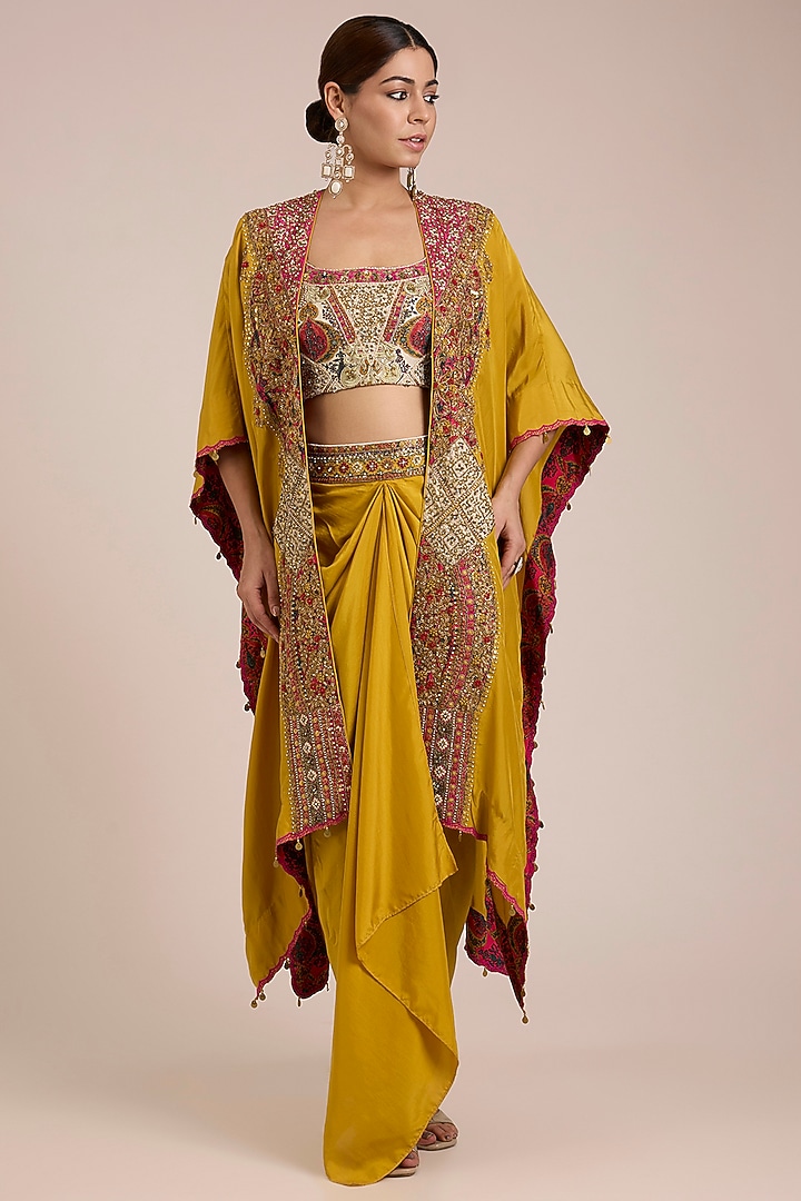 Mustard Silk Hand & Machine Embroidered Cape Set by Debyani at Pernia's Pop Up Shop