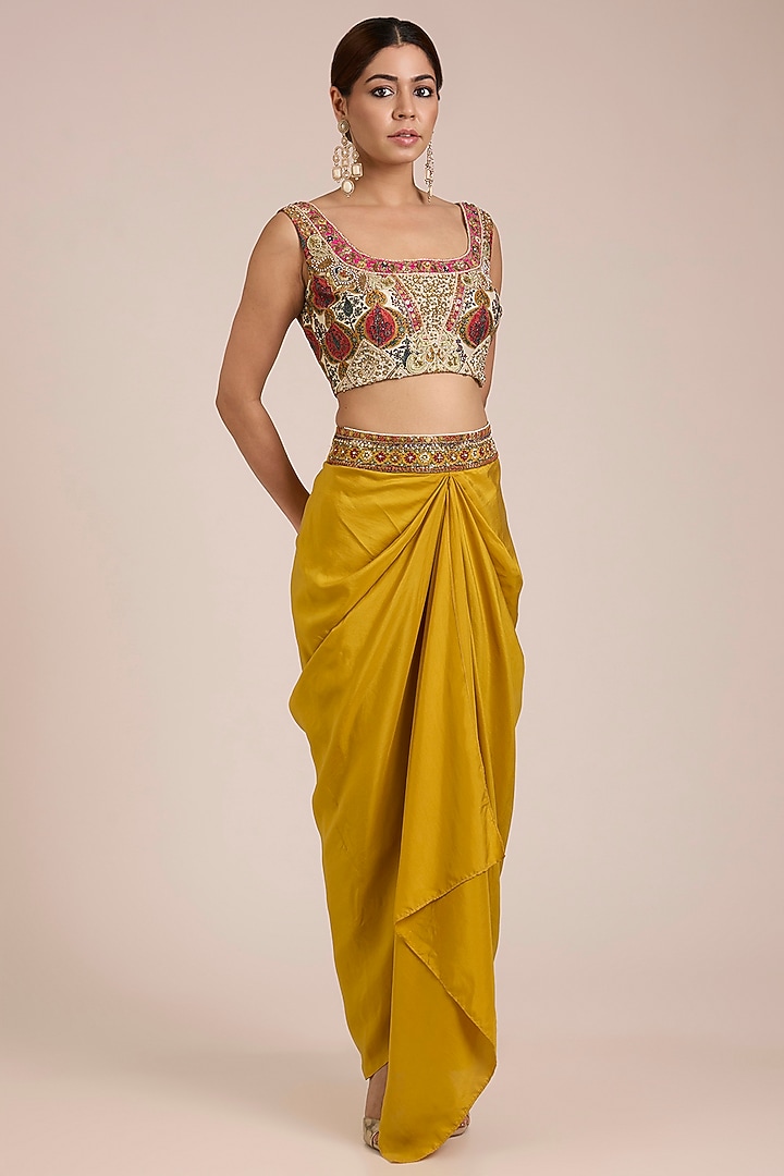 Mustard Silk Hand & Machine Embroidered Cape Set by Debyani at Pernia's Pop Up Shop