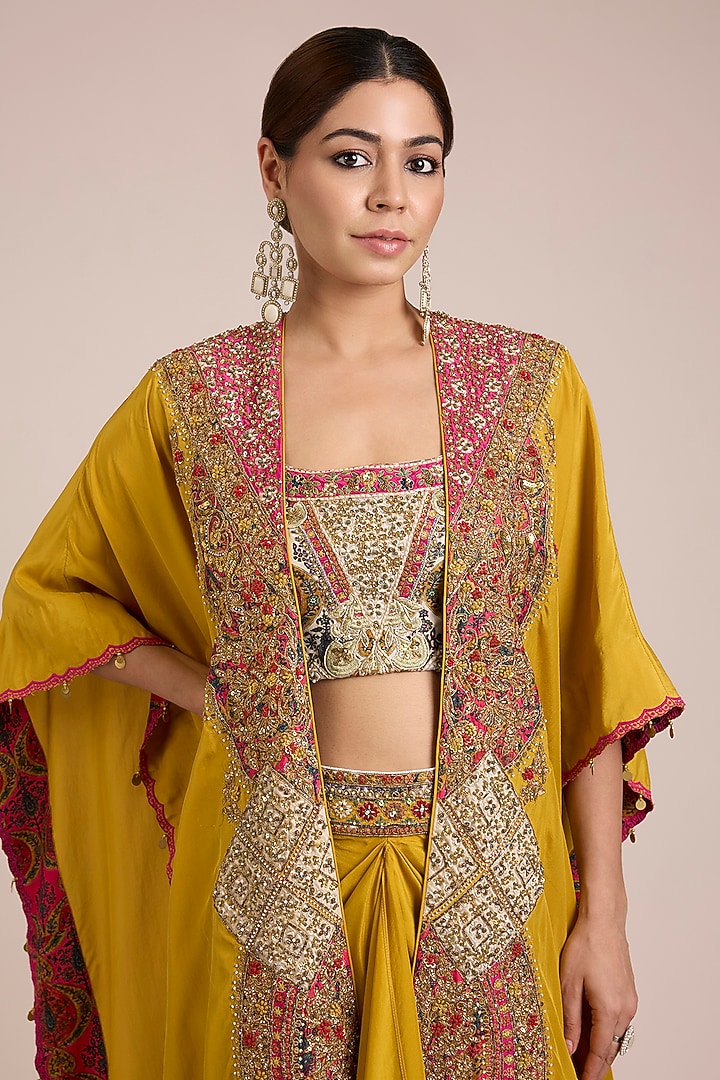 Mustard Silk Hand & Machine Embroidered Cape Set by Debyani at Pernia's Pop Up Shop