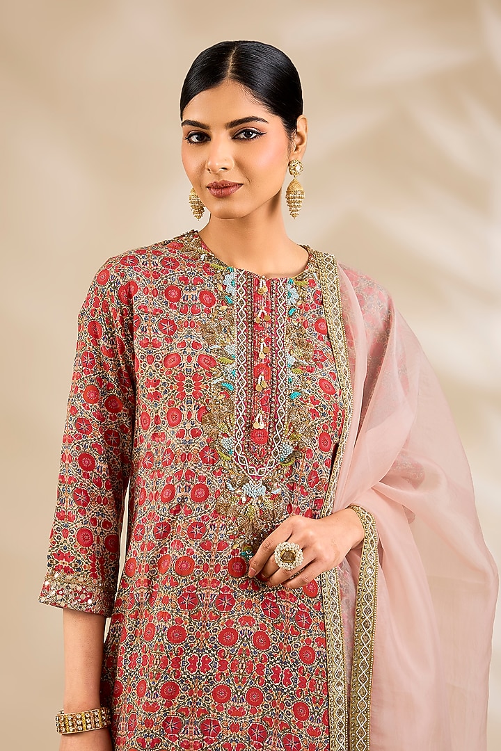 Red Silk Hand & Machine Embroidered Kurta Set by Debyani at Pernia's Pop Up Shop